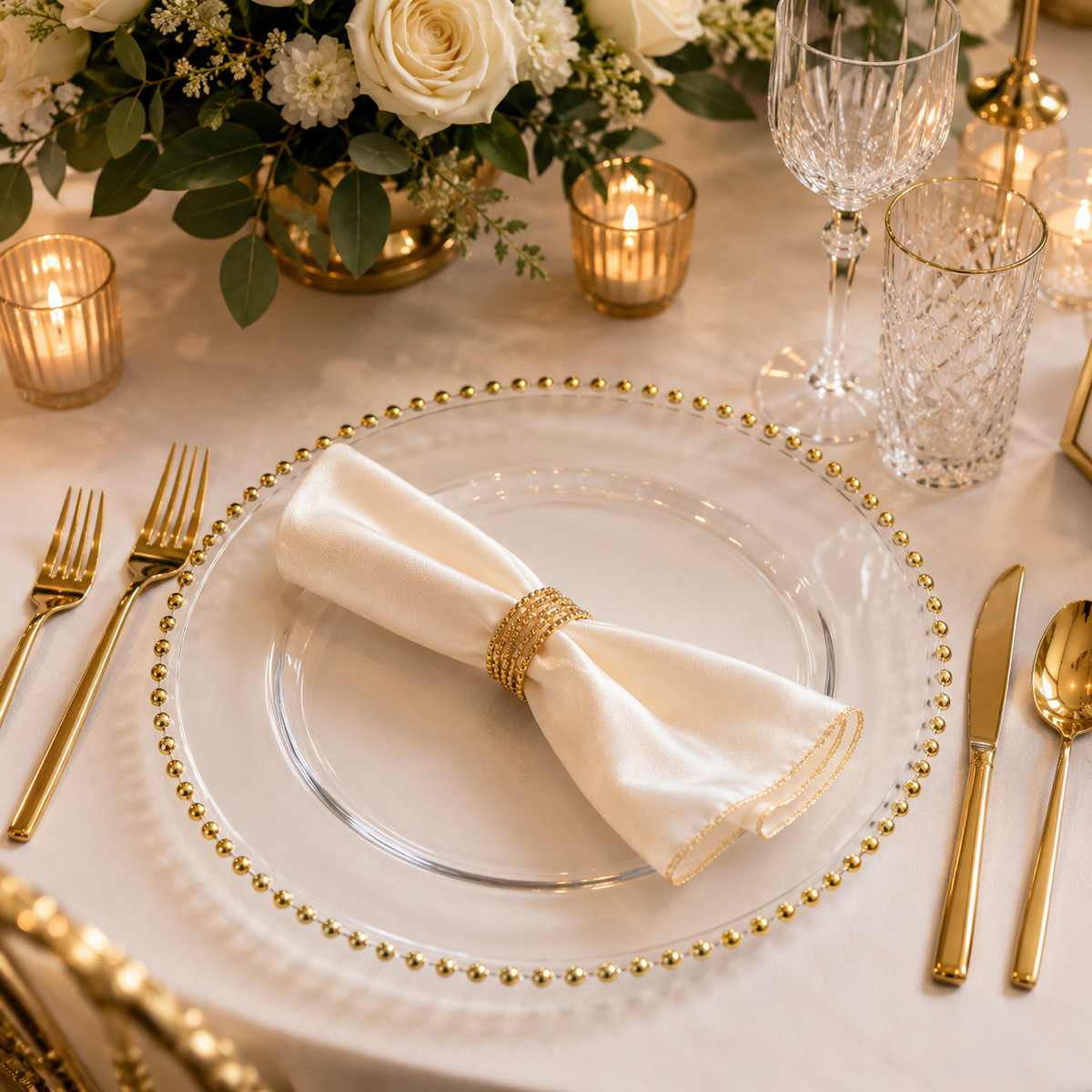 Platzteller aus Glas 32 cm mit Goldperlenrand – transparent