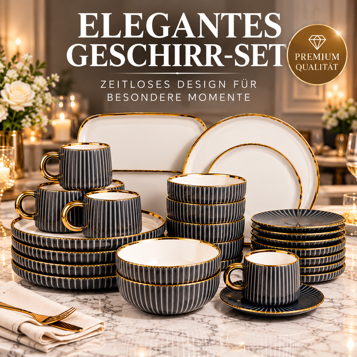 Geschirr-Set Keramik schwarz mit Goldrand – Rillen-Design