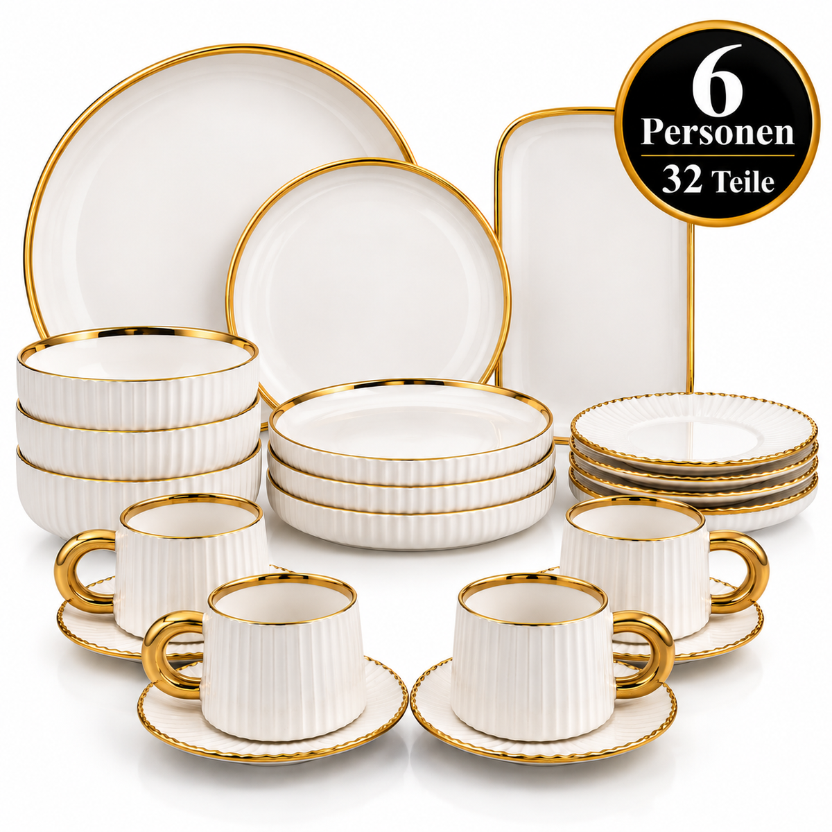 Geschirr-Set Keramik weiß mit Goldrand – Rillen-Design