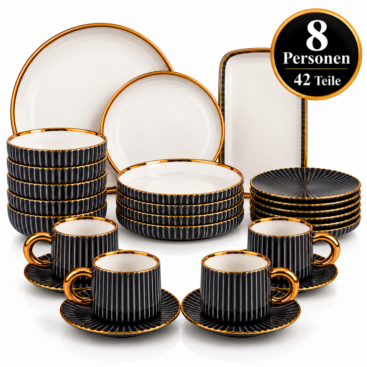 Geschirr-Set Keramik schwarz mit Goldrand – Rillen-Design