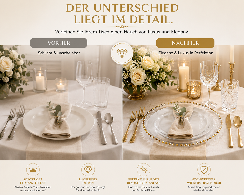 Platzteller aus Glas 32 cm mit Goldperlenrand – transparent