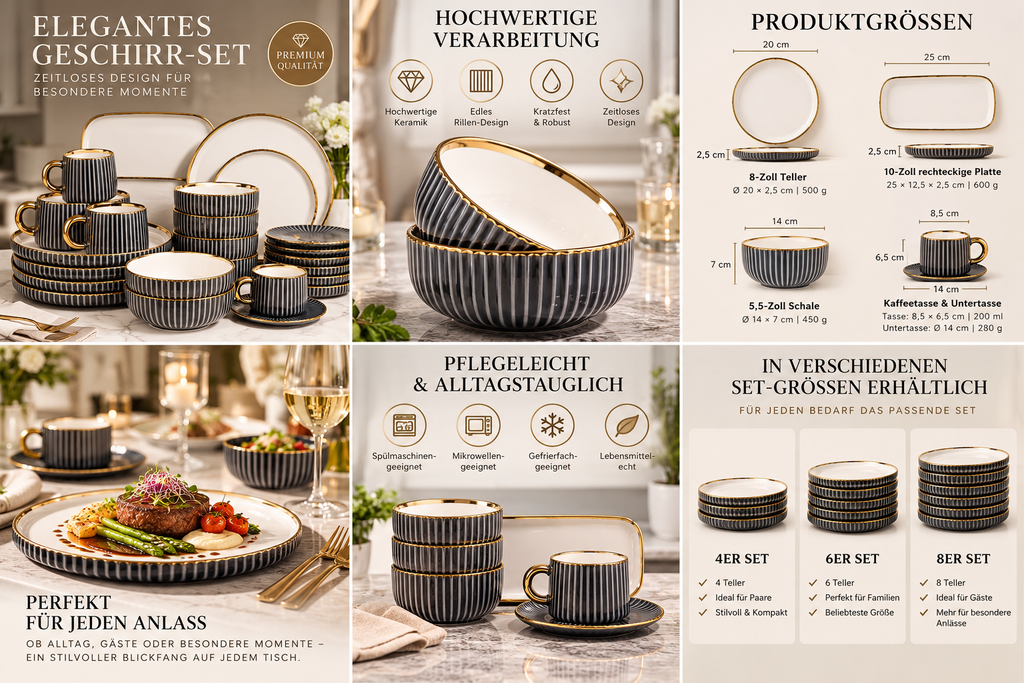 Geschirr-Set Keramik schwarz mit Goldrand – Rillen-Design