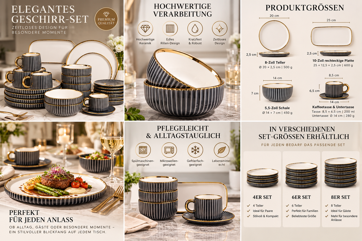 Geschirr-Set Keramik schwarz mit Goldrand – Rillen-Design