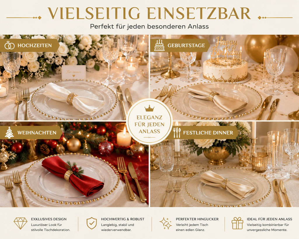 Platzteller aus Glas 32 cm mit Goldperlenrand – transparent