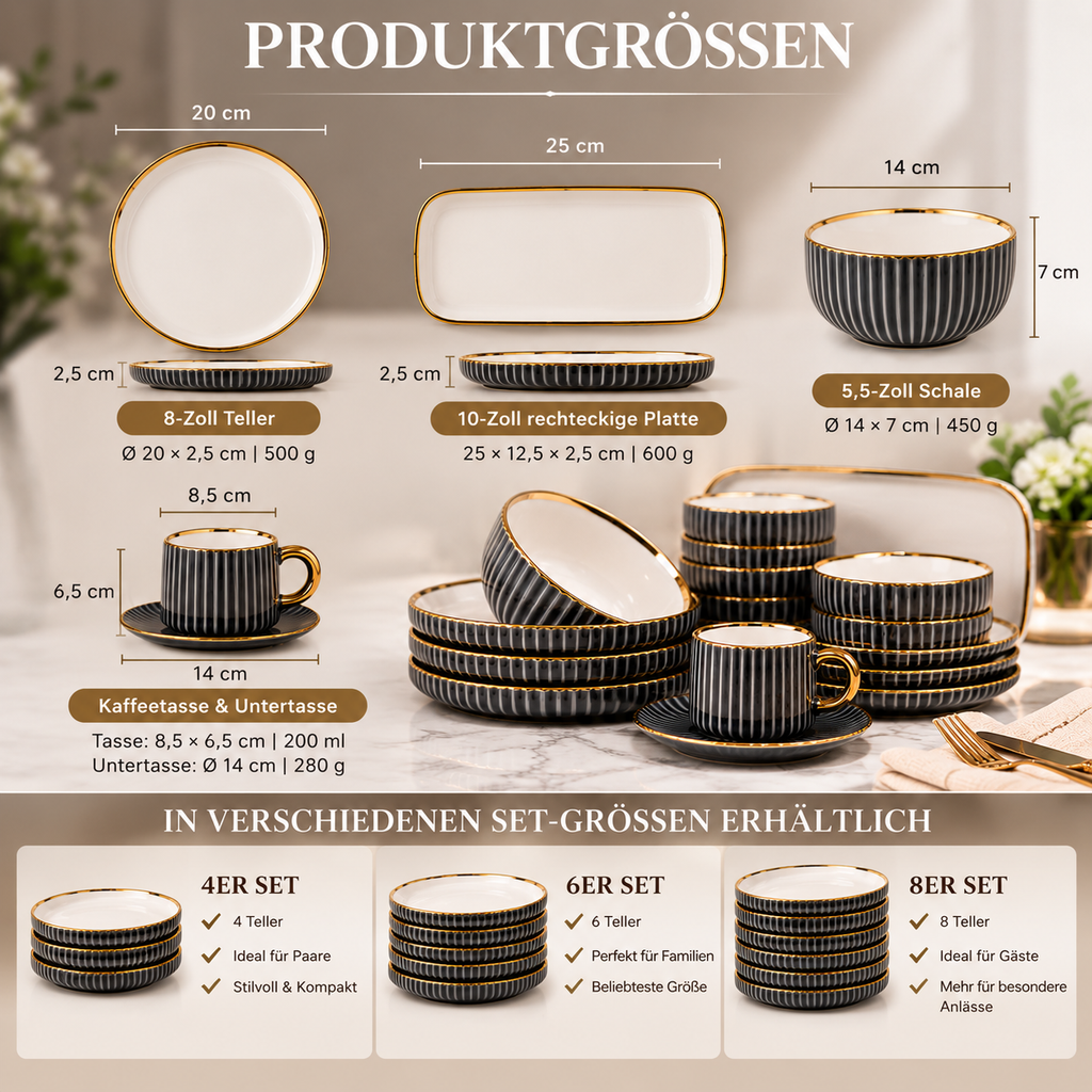 Geschirr-Set Keramik schwarz mit Goldrand – Rillen-Design