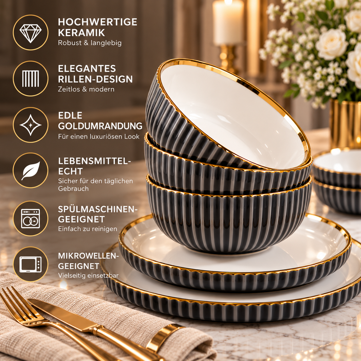 Geschirr-Set Keramik schwarz mit Goldrand – Rillen-Design