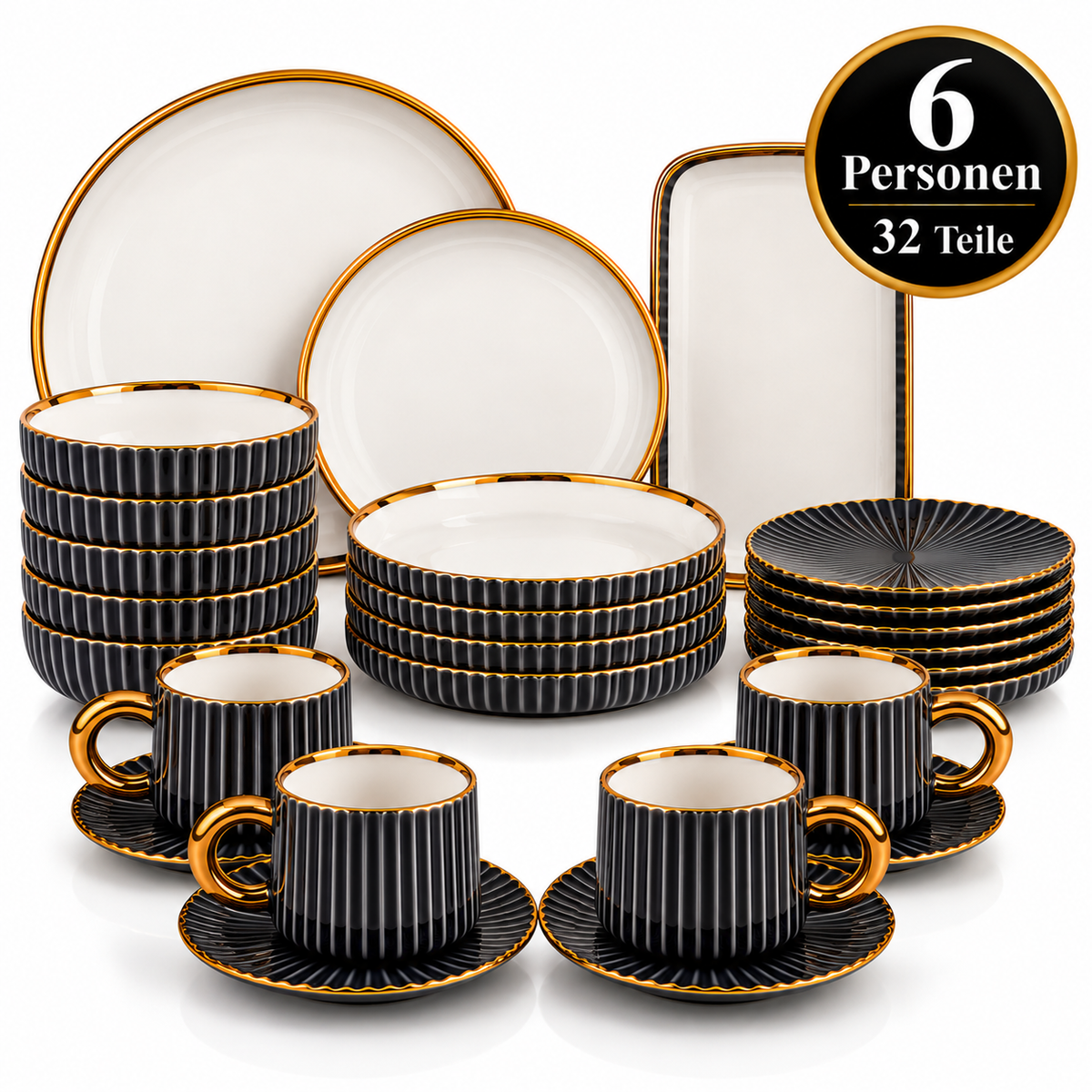 Geschirr-Set Keramik schwarz mit Goldrand – Rillen-Design