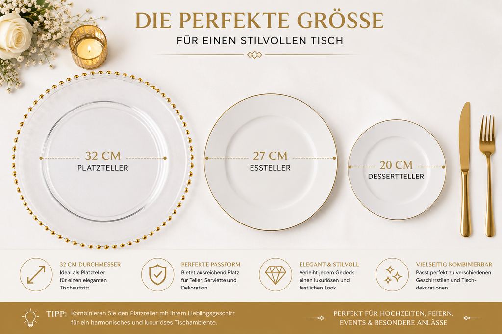 Platzteller aus Glas 32 cm mit Goldperlenrand – transparent