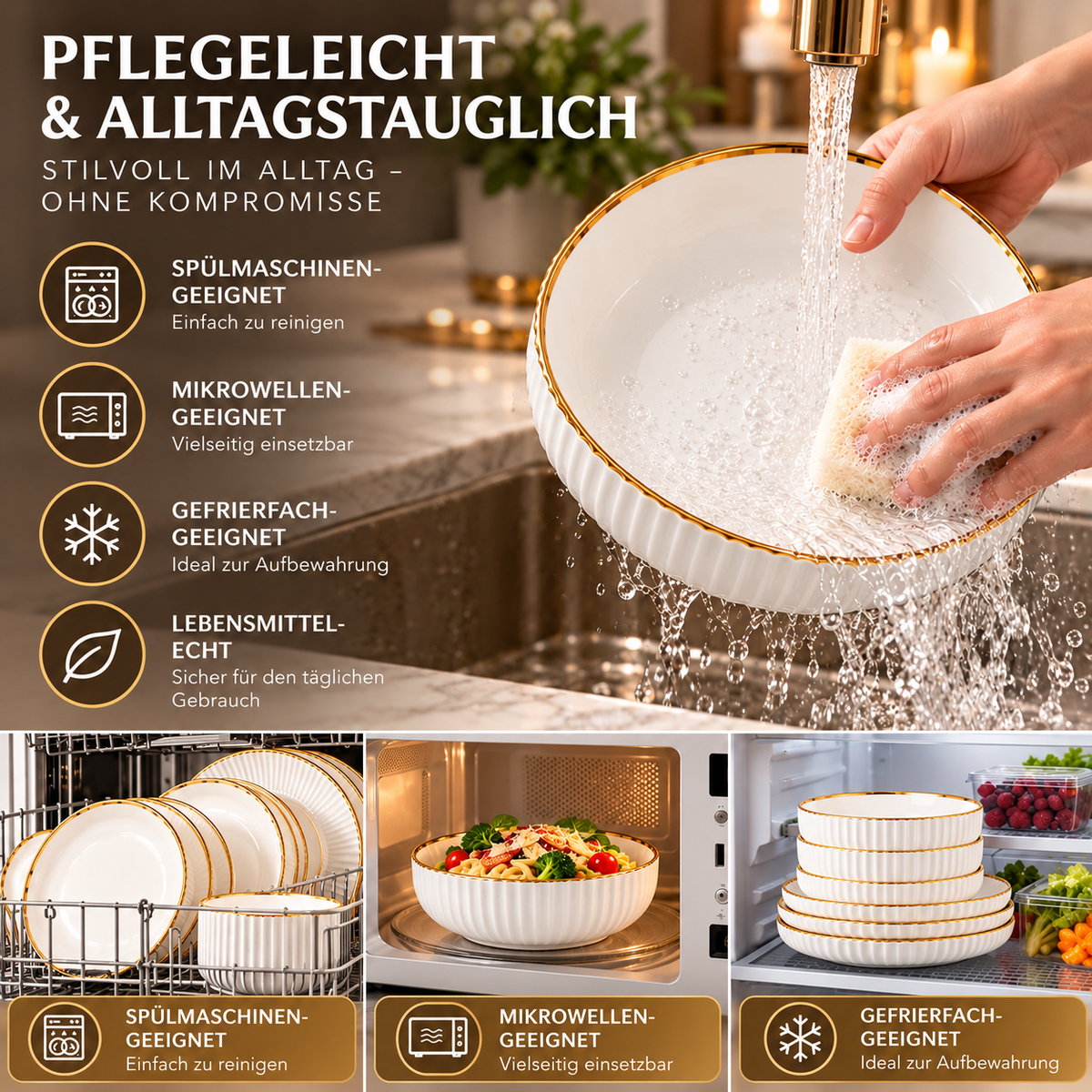 Geschirr-Set Keramik weiß mit Goldrand – Rillen-Design
