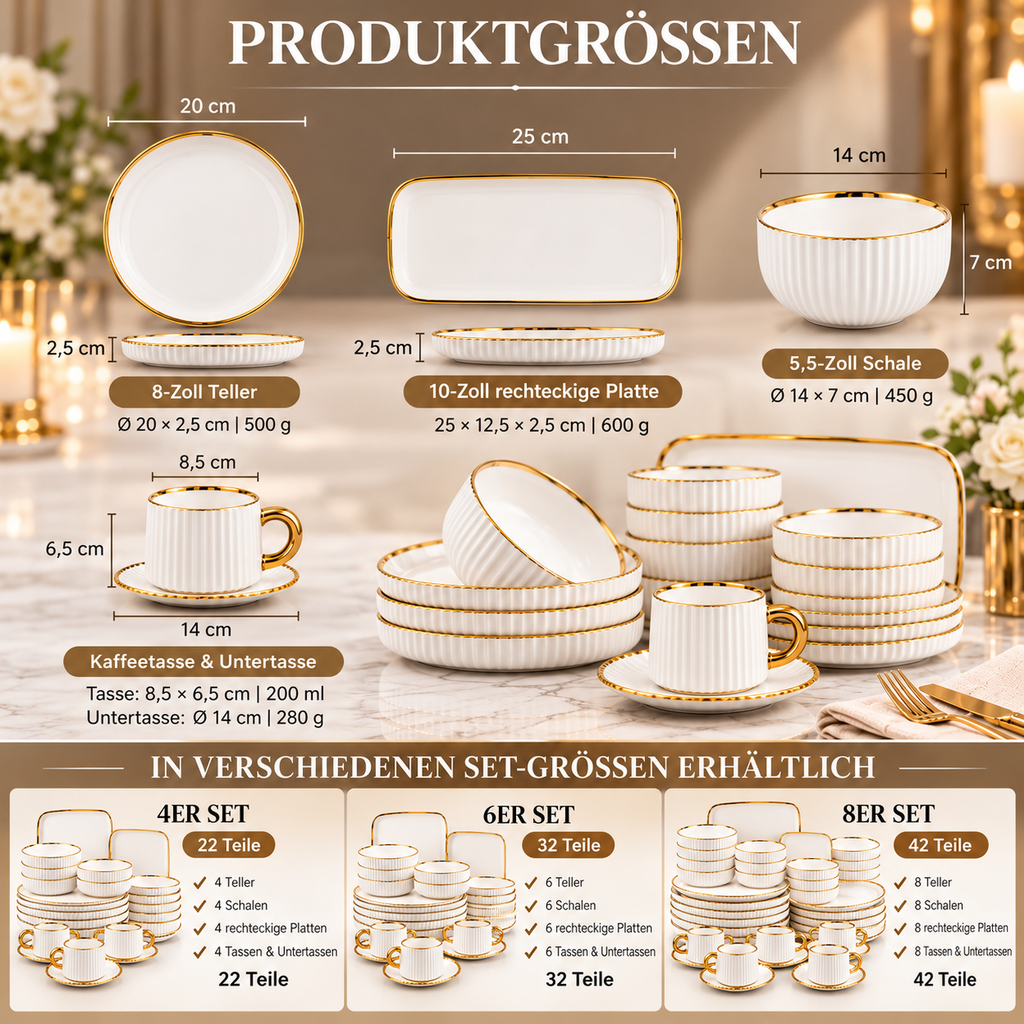 Geschirr-Set Keramik weiß mit Goldrand – Rillen-Design