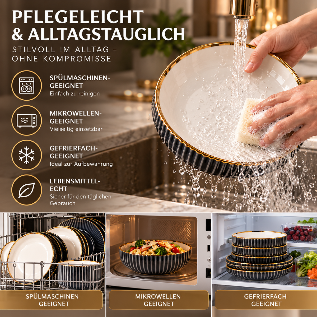 Geschirr-Set Keramik schwarz mit Goldrand – Rillen-Design