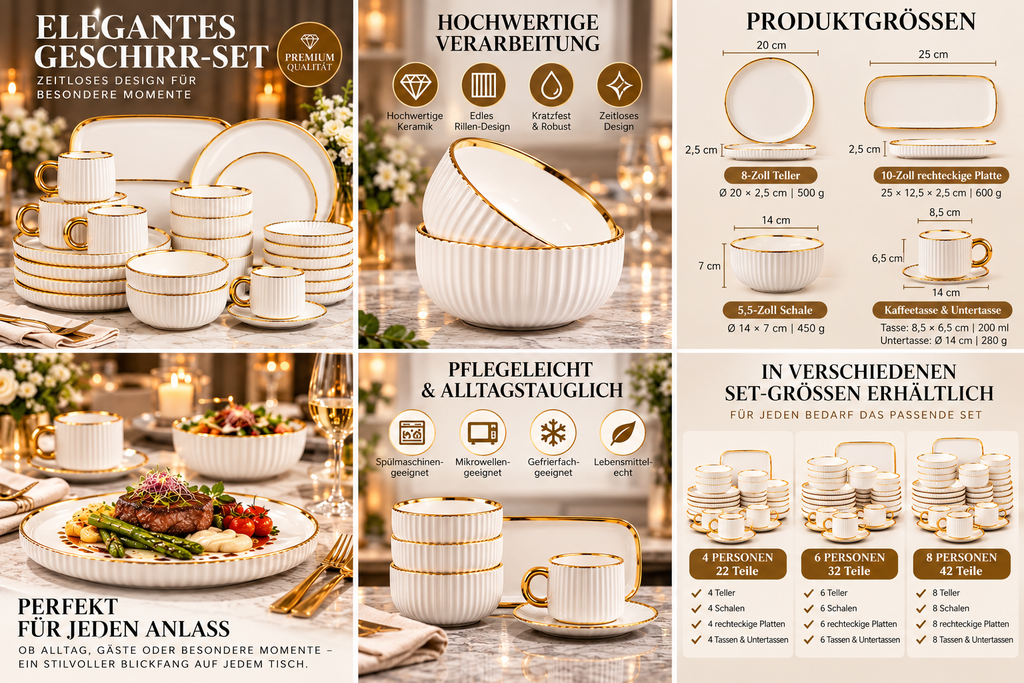 Geschirr-Set Keramik weiß mit Goldrand – Rillen-Design