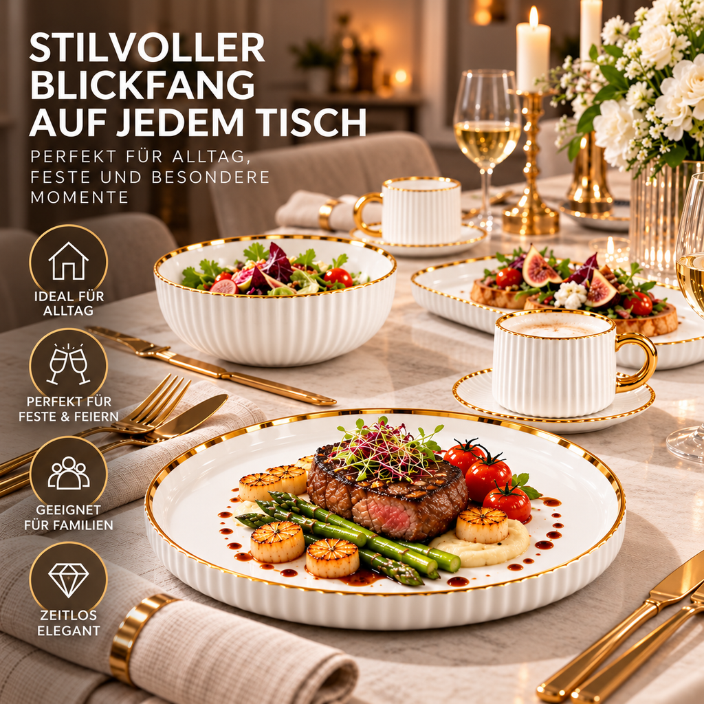 Geschirr-Set Keramik weiß mit Goldrand – Rillen-Design