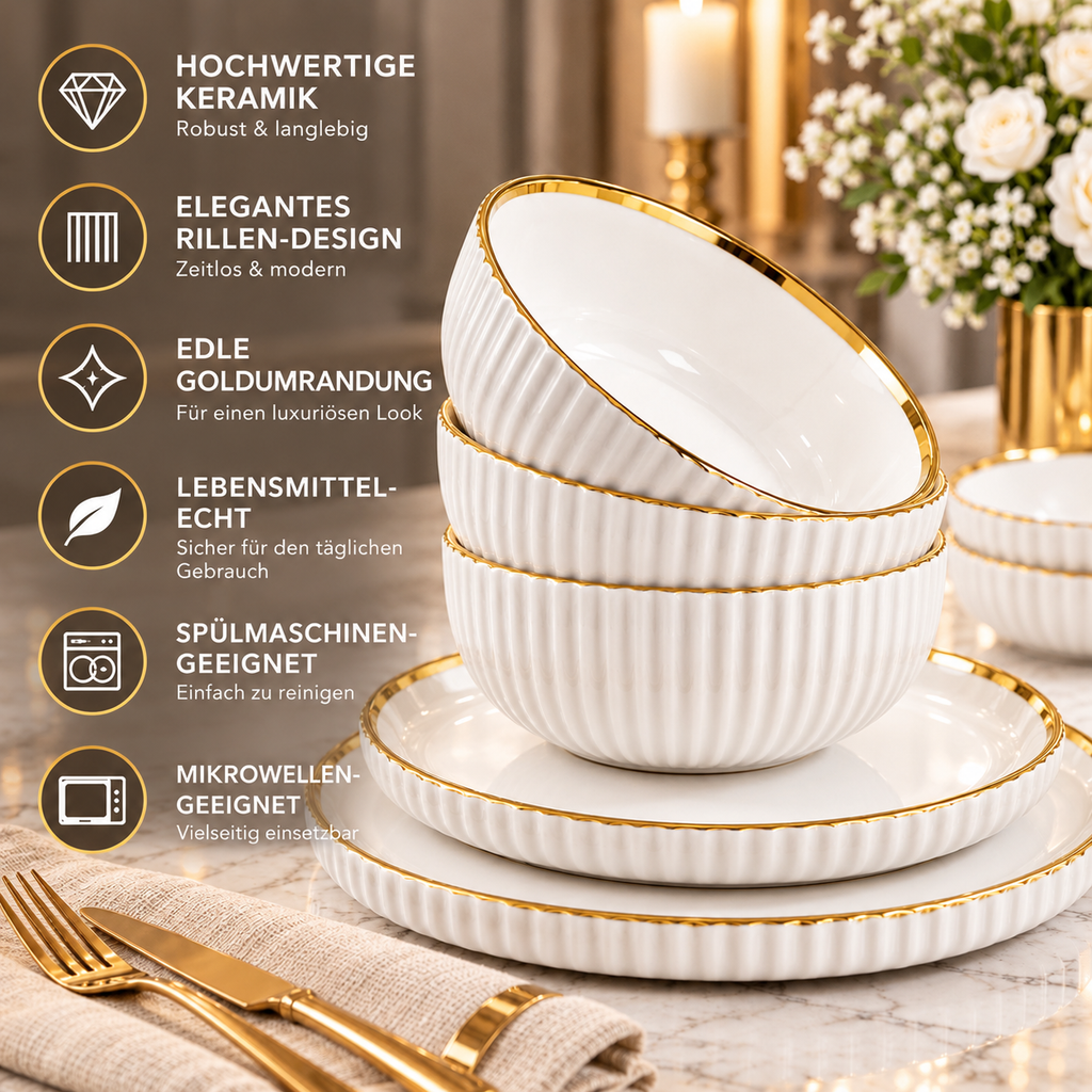 Geschirr-Set Keramik weiß mit Goldrand – Rillen-Design