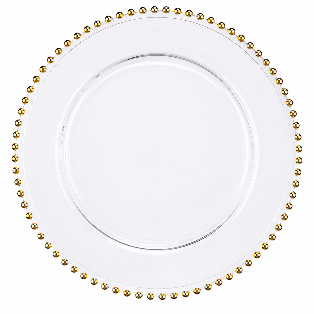 Platzteller aus Glas 32 cm mit Goldperlenrand – transparent