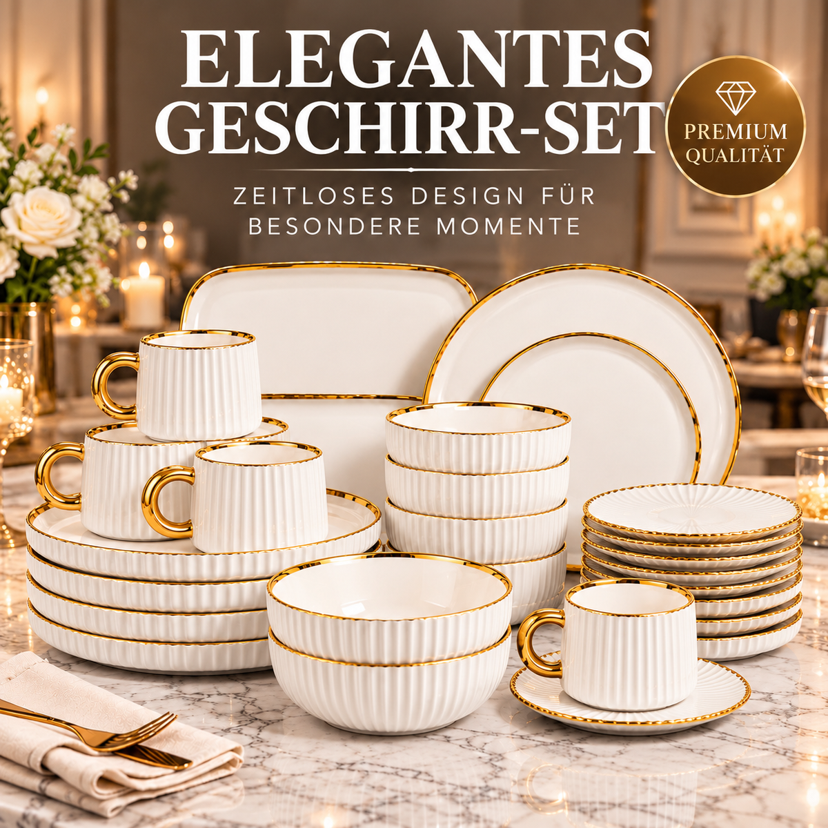 Geschirr-Set Keramik weiß mit Goldrand – Rillen-Design