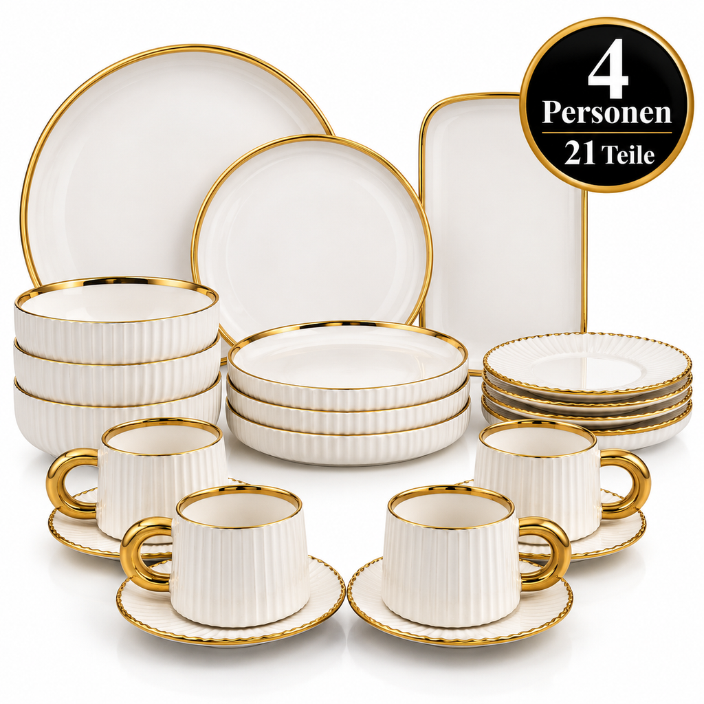 Geschirr-Set Keramik weiß mit Goldrand – Rillen-Design