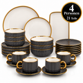 Geschirr-Set Keramik schwarz mit Goldrand – Rillen-Design