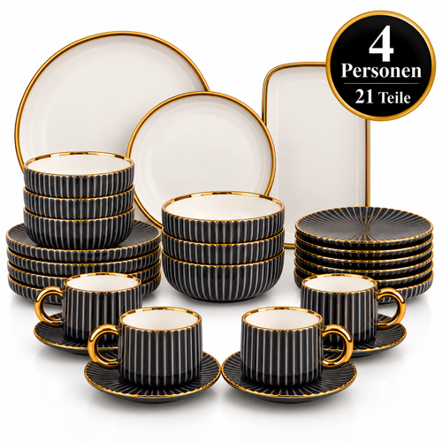 Geschirr-Set Keramik schwarz mit Goldrand – Rillen-Design