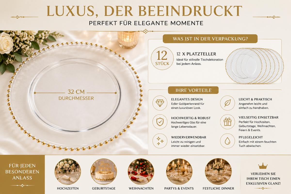 Platzteller aus Glas 32 cm mit Goldperlenrand – transparent