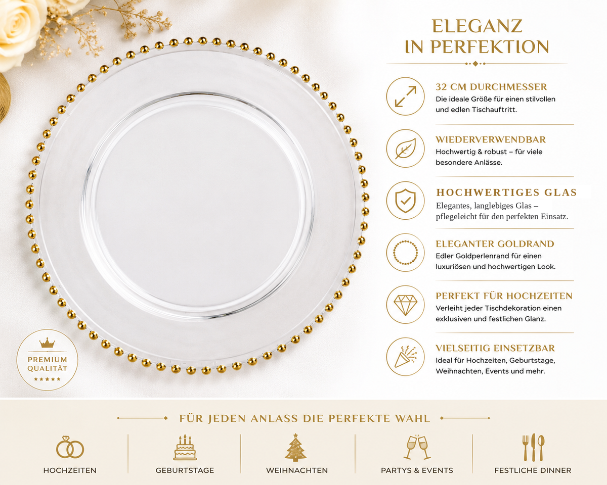 Platzteller aus Glas 32 cm mit Goldperlenrand – transparent
