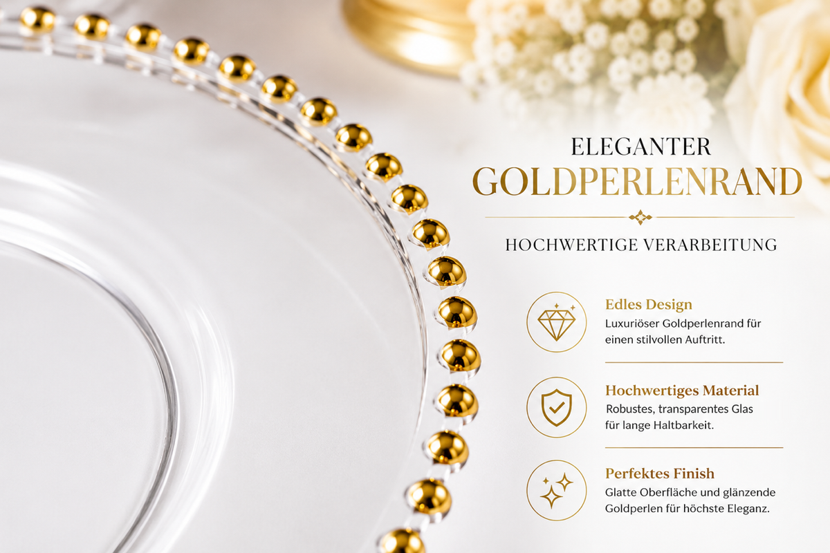 Platzteller aus Glas 32 cm mit Goldperlenrand – transparent