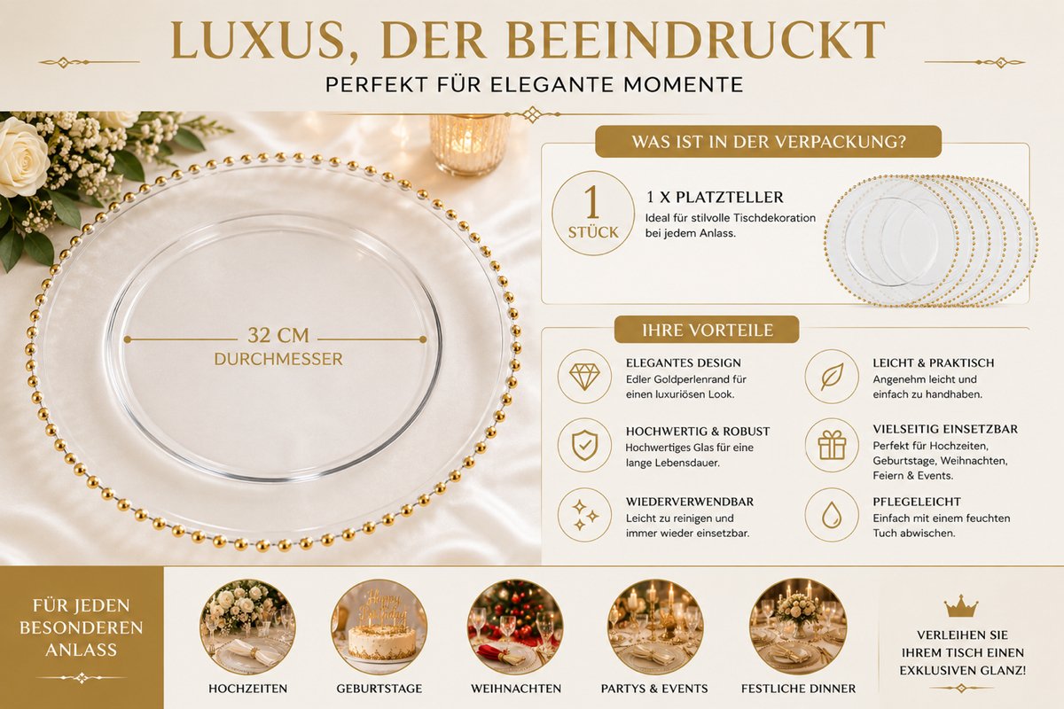Platzteller aus Glas 32 cm mit Goldperlenrand – transparent